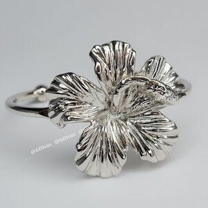 Rhodium Plated Hibiscus Flower Small Cuff Bracelet
